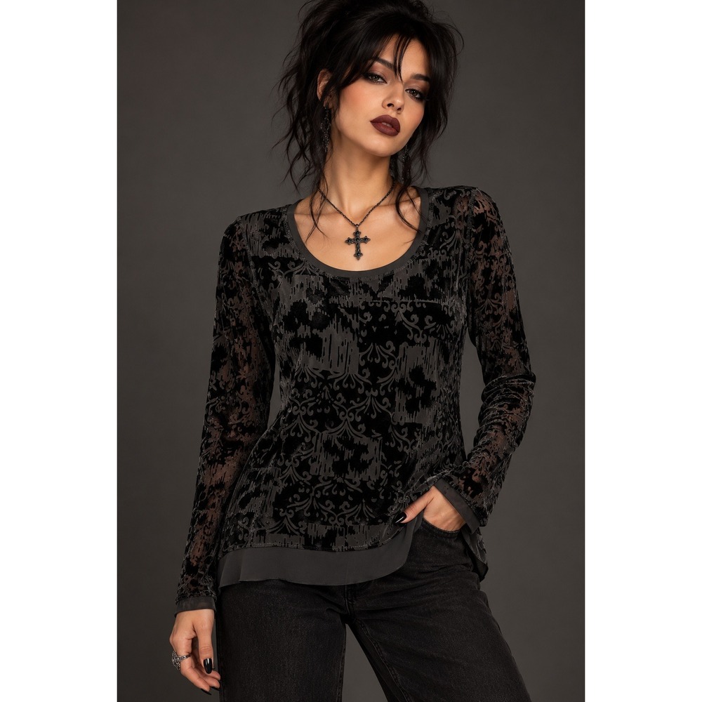 Whimsigoth Goth Burnout Velvet Chiffon Long Sleeve Layering Blouse Black Large